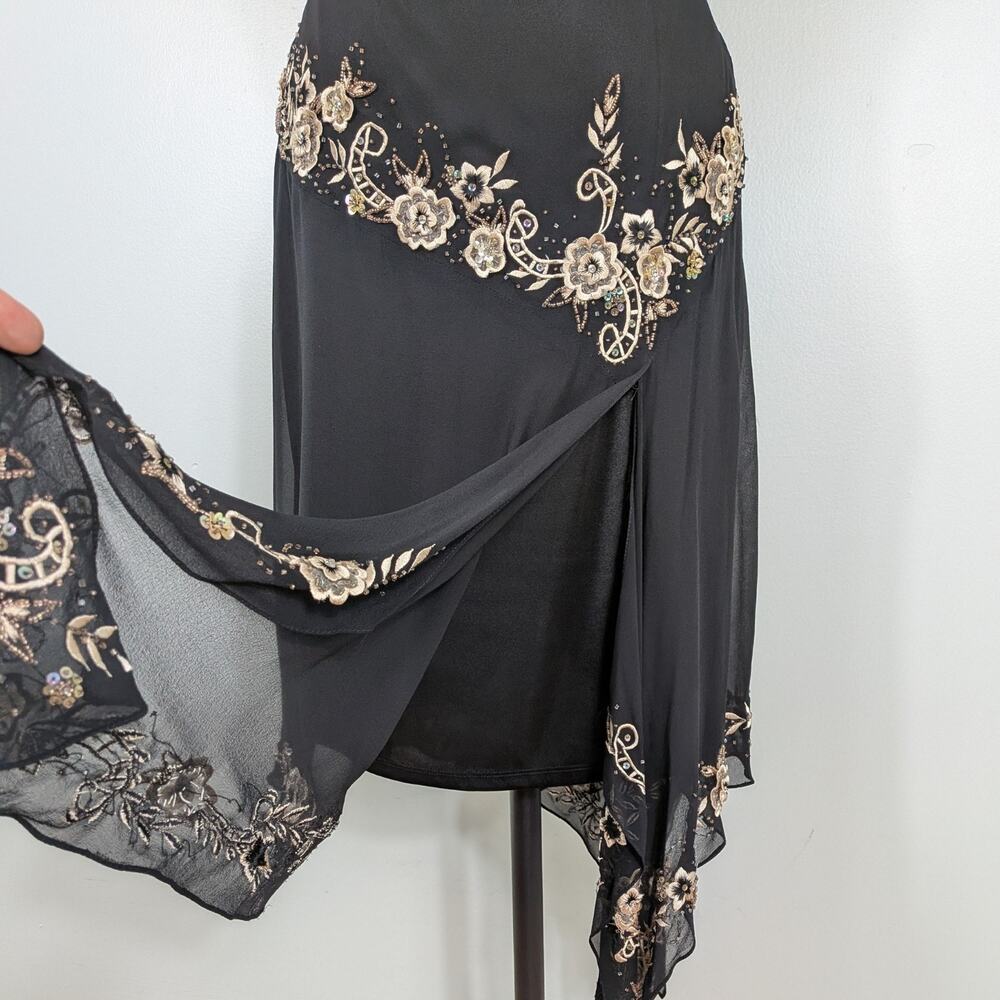 Vintage Cache Silk Midi Dress 6 Slip Floral Embroidered 90S Y2K Black Tan Brown - Picture 4 of 13